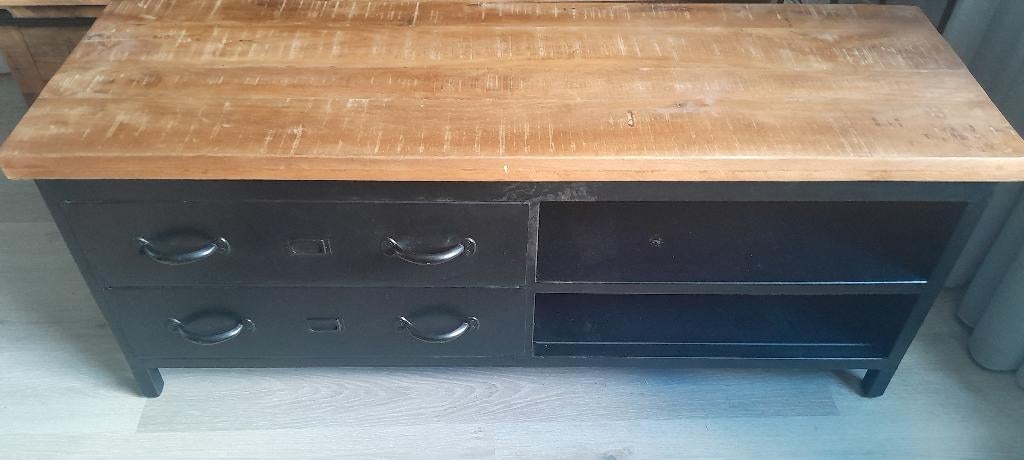 Tv meubel, Huis en Inrichting, Kasten | Televisiemeubels, Ophalen, 100 tot 150 cm, Hedendaags   tv meubel zwart metaal met mango