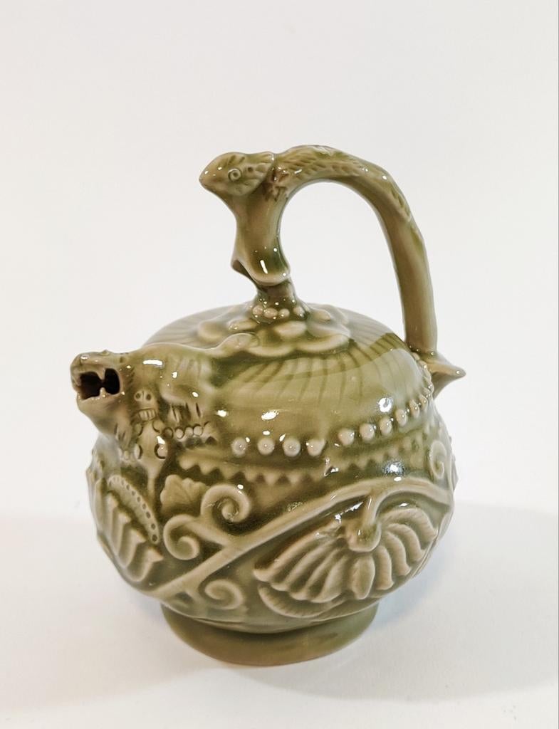 Chinese celadon theepot met draak of Foo Dog. Vintage, Ophalen of Verzenden