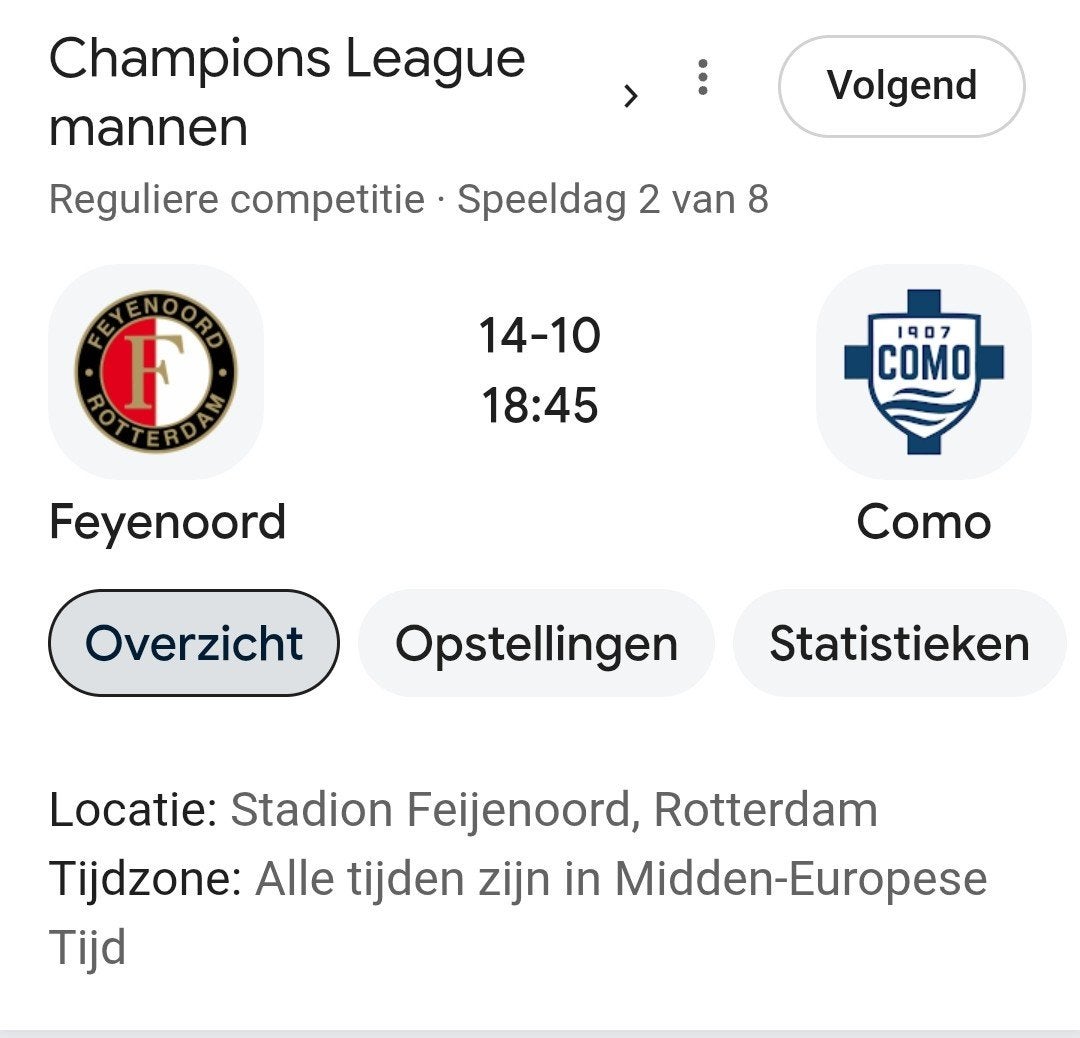 Feyenoord - Como 14-10-2026 kaartje gezocht!, Tickets en Kaartjes, Losse kaart, Eén persoon, Oktober, Europa of Champions League