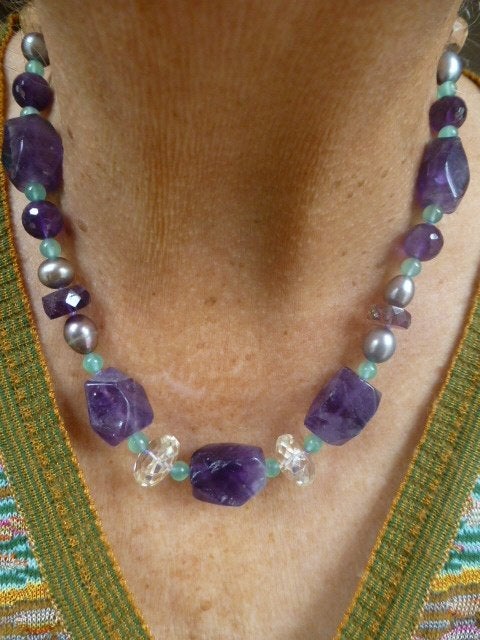 Collier Amethist Parels Citrien Jade 14 kt Goud Bol Slot, Verzenden, Zo goed als nieuw, Met edelsteen, Goud