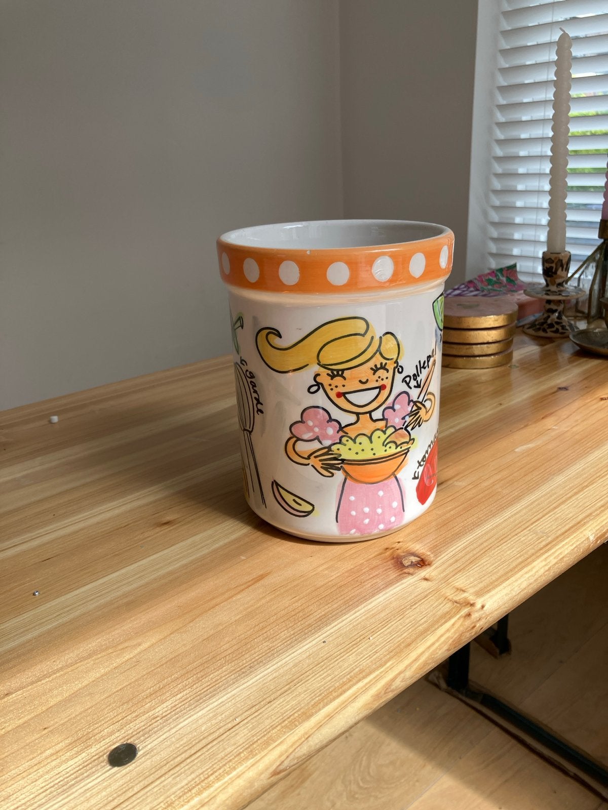 Blond Amsterdam pot met vrolijke decoratie, Gebruikt, Ophalen of Verzenden, Voorraadpot, Steen/keramiek