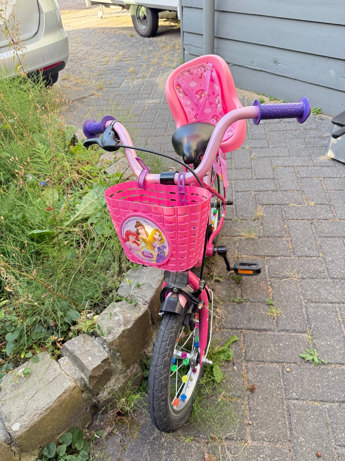 Roze kinderfiets met prinsessenmandje en zitje, Ophalen, Gebruikt, Velgrem, Minder dan 16 inch