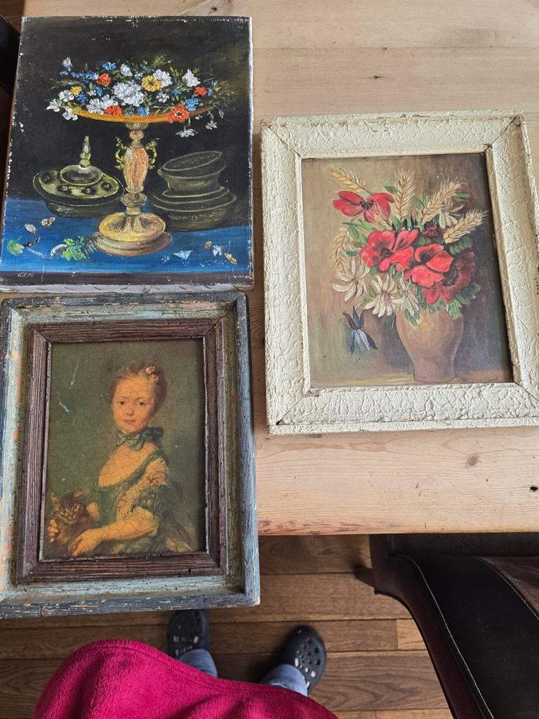 Set van 3 Vintage Schilderijtjes - Bloemen en Portret, Ophalen of Verzenden
