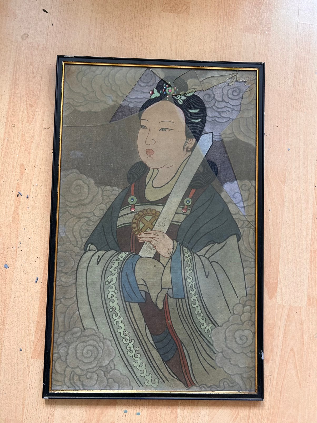 Vintage Chinese prent in lijst (Godin in de wolken), Antiek en Kunst, Ophalen