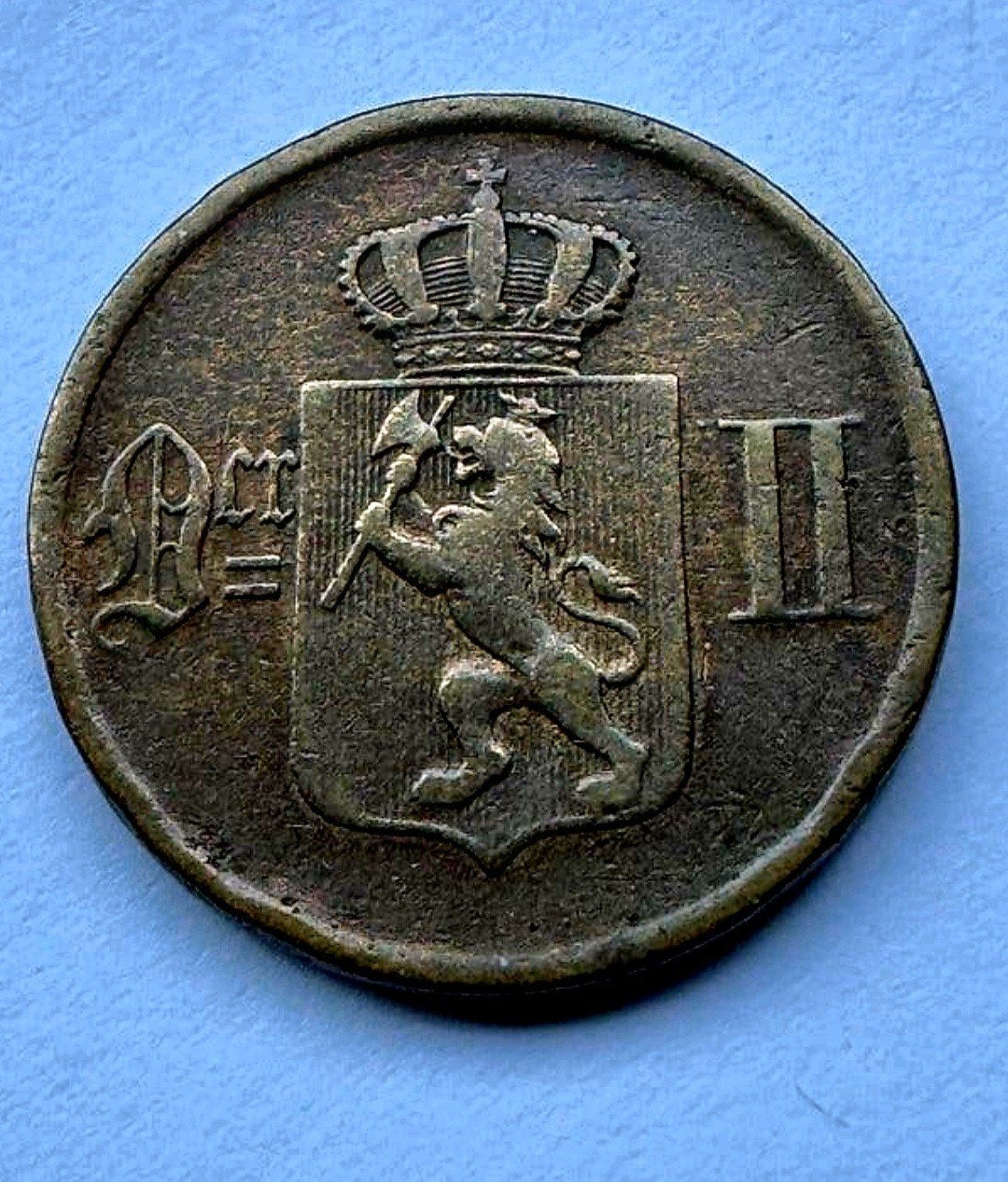 Antieke Koperen 2 Øre 1877 – Koning Oscar II van Noorwegen, Postzegels en Munten, Ophalen of Verzenden
