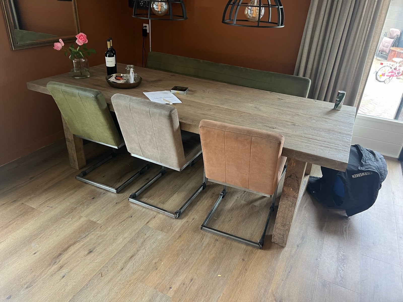 Eikenhouten eettafel met bank en 4 stoelen, Huis en Inrichting, Ophalen, Gebruikt, 100 tot 150 cm, Eikenhout