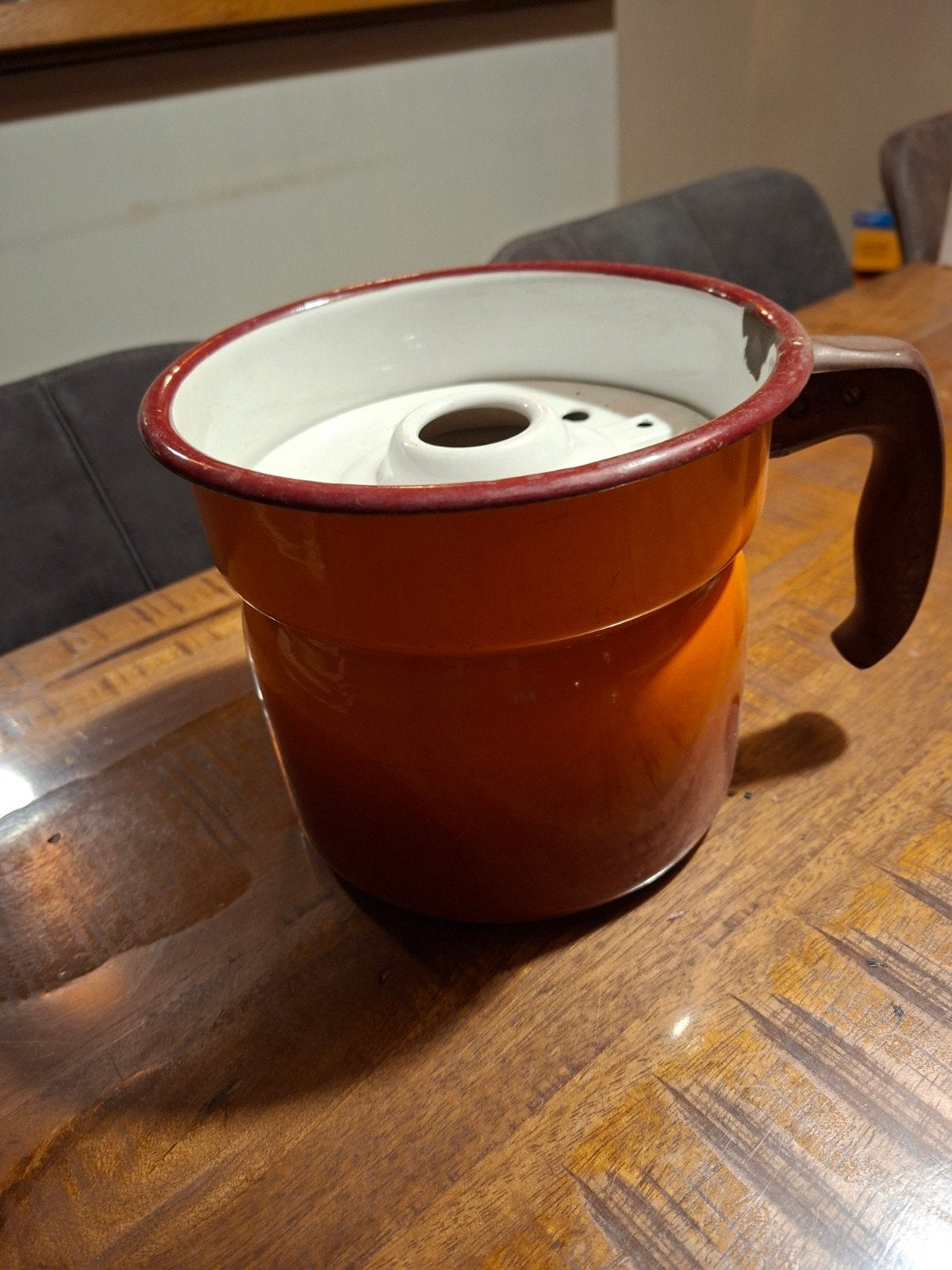 Vintage geëmailleerde melkkan met overkookbeveiliging, Ophalen of Verzenden