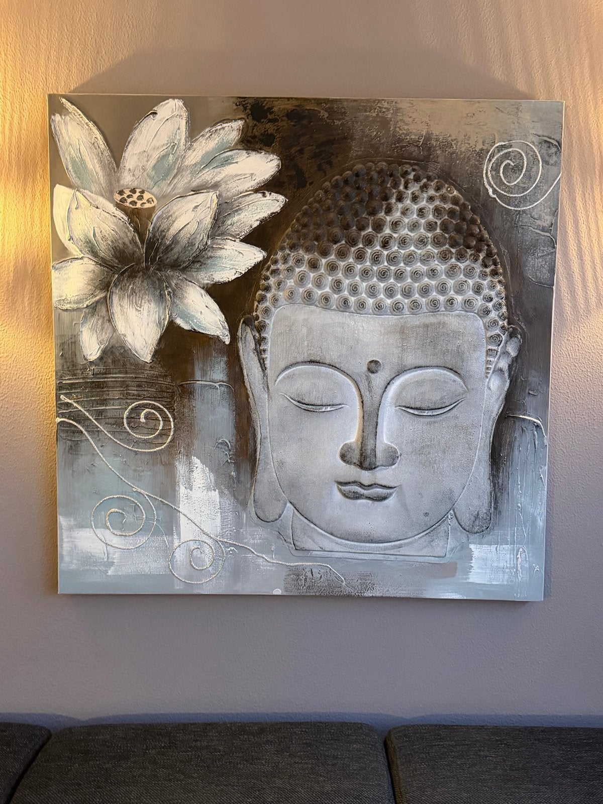 Boeddha schilderij met reliëf en lotusbloem, Ophalen, Met reliëf, Grijs, Zo goed als nieuw