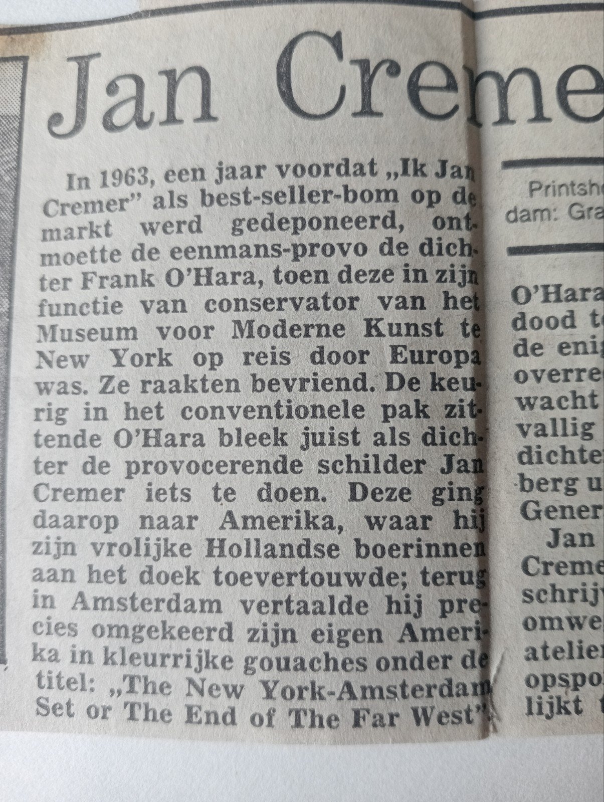 Krantenartikel Jan Cremer en Frank O'Hara (1963), Ophalen of Verzenden