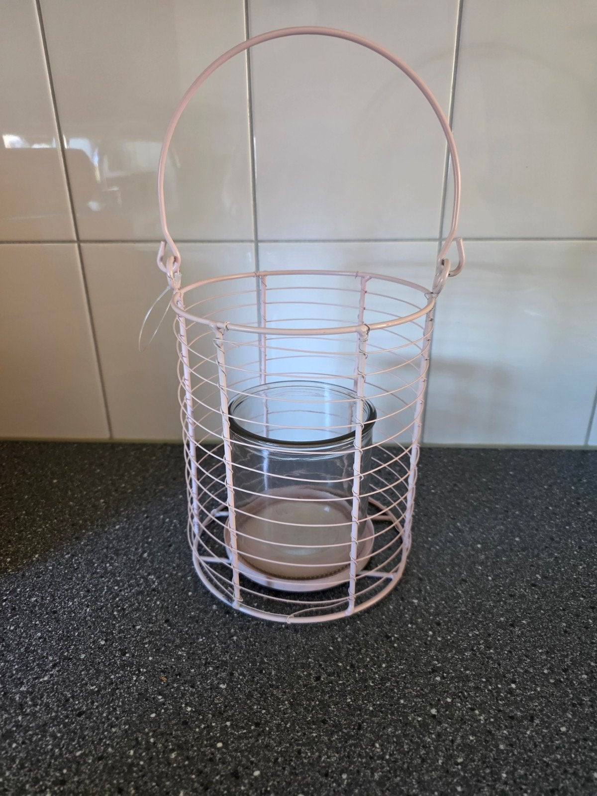 Roze metalen lantaarn met glazen houder, Windlicht, Overige merken, Ophalen of Verzenden, Zo goed als nieuw