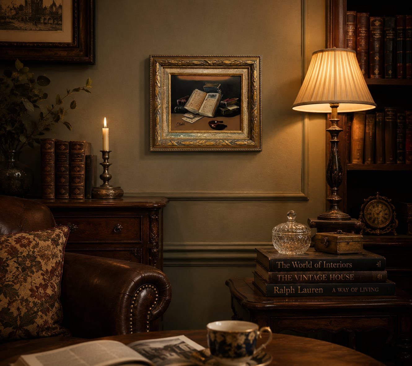 Olieverfschilderij Stilleven met Boeken - Gesigneerd C. Nada, Antiek en Kunst, Doek, Stilleven, Ophalen of Verzenden, Gesigneerd