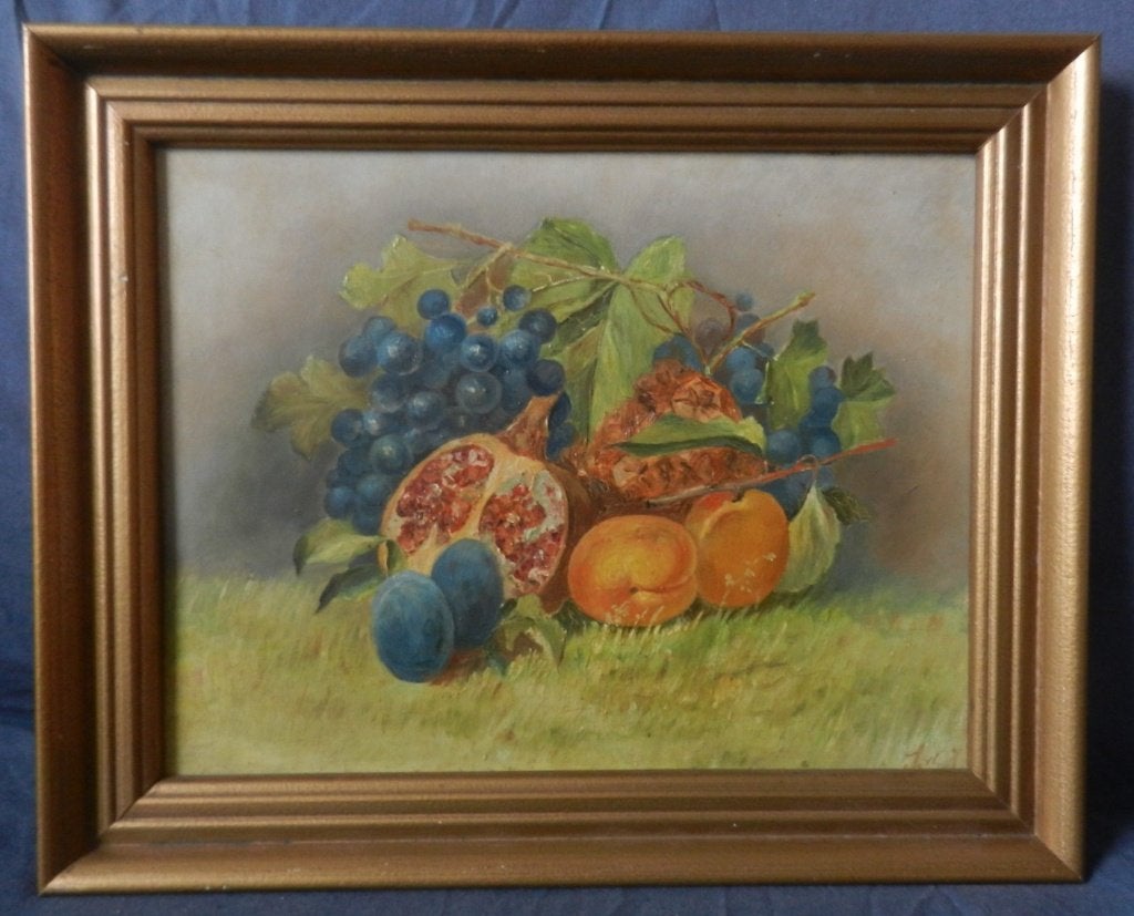 Olieverf op paneel Fruitstilleven gesign. S.dJ.(?) hxb 23x30, Ophalen of Verzenden