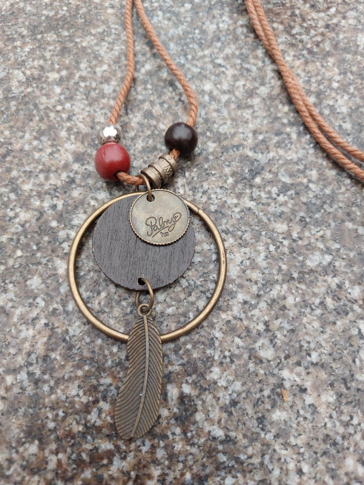 Boho ketting met veer en houten details, Met hanger, Overige materialen, Bruin, Nieuw