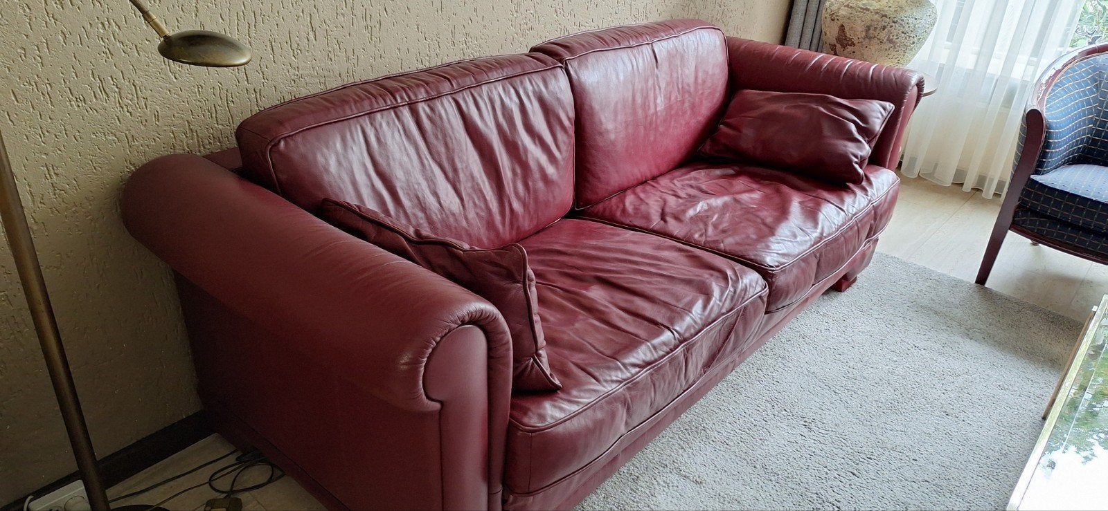 Comfortabele rode leren bank - 220x90 cm, Ophalen, Gebruikt, Driepersoons, Rechte bank