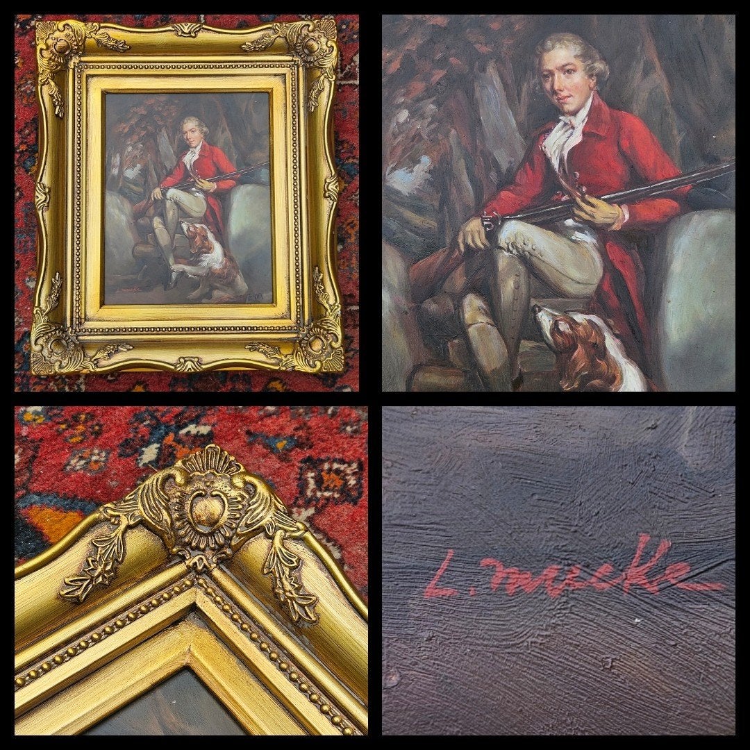 Ludwig Mucke, portret van een jager met zijn hond. Paneel, Paneel, Portret of Personen, Ophalen of Verzenden, Klassiek