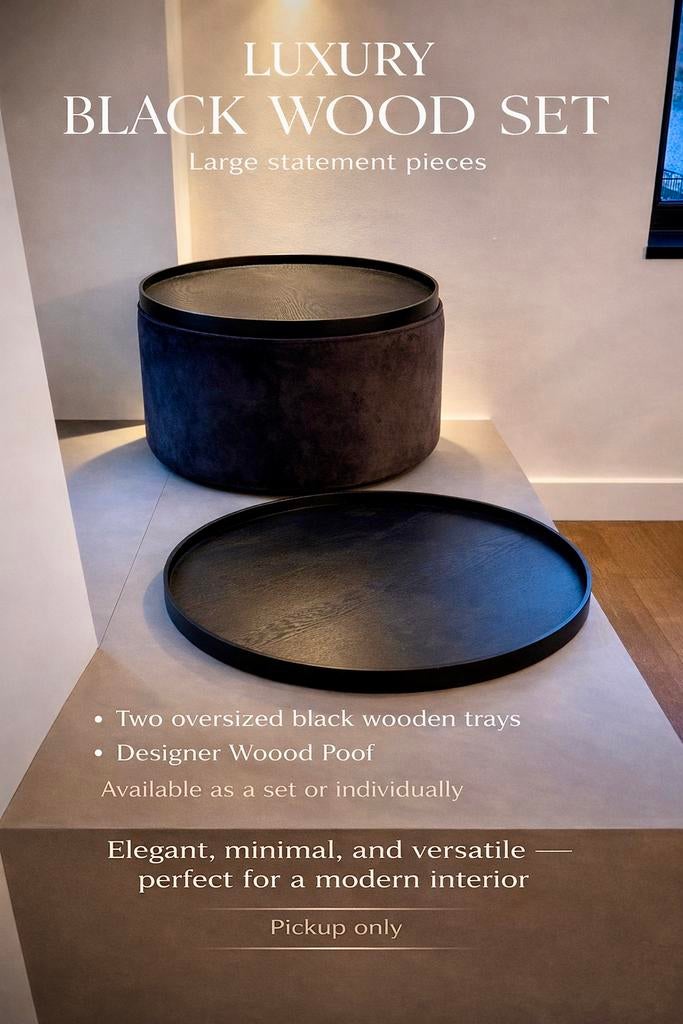 LUXURY BLACK WOOD TRAY SET + Woood DESIGNER POOF, Ophalen, Zo goed als nieuw