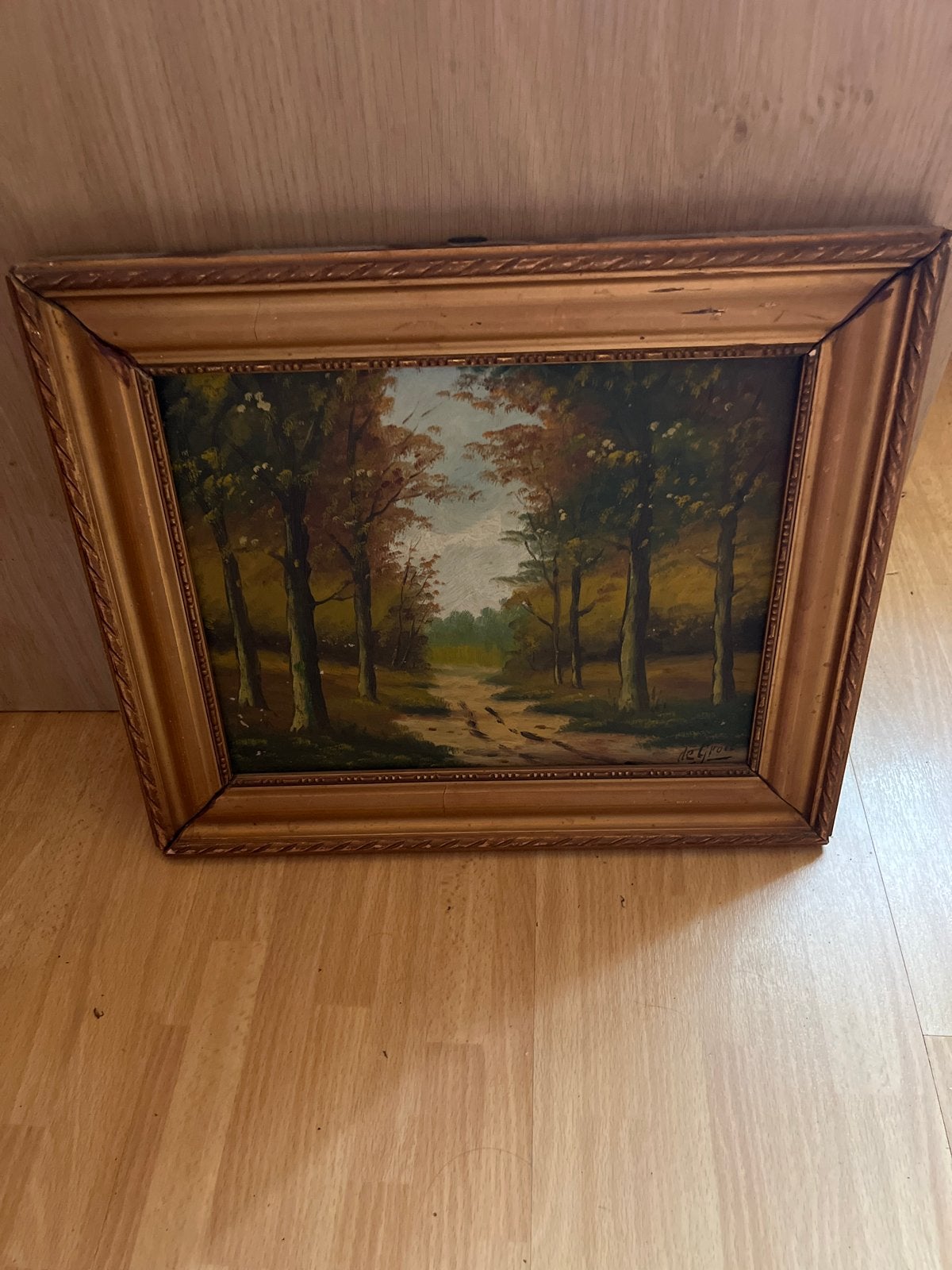 Olieverfschilderij: Boslandschap met pad (de groot), Antiek en Kunst, Ophalen, Doek, Realistisch, Landschap