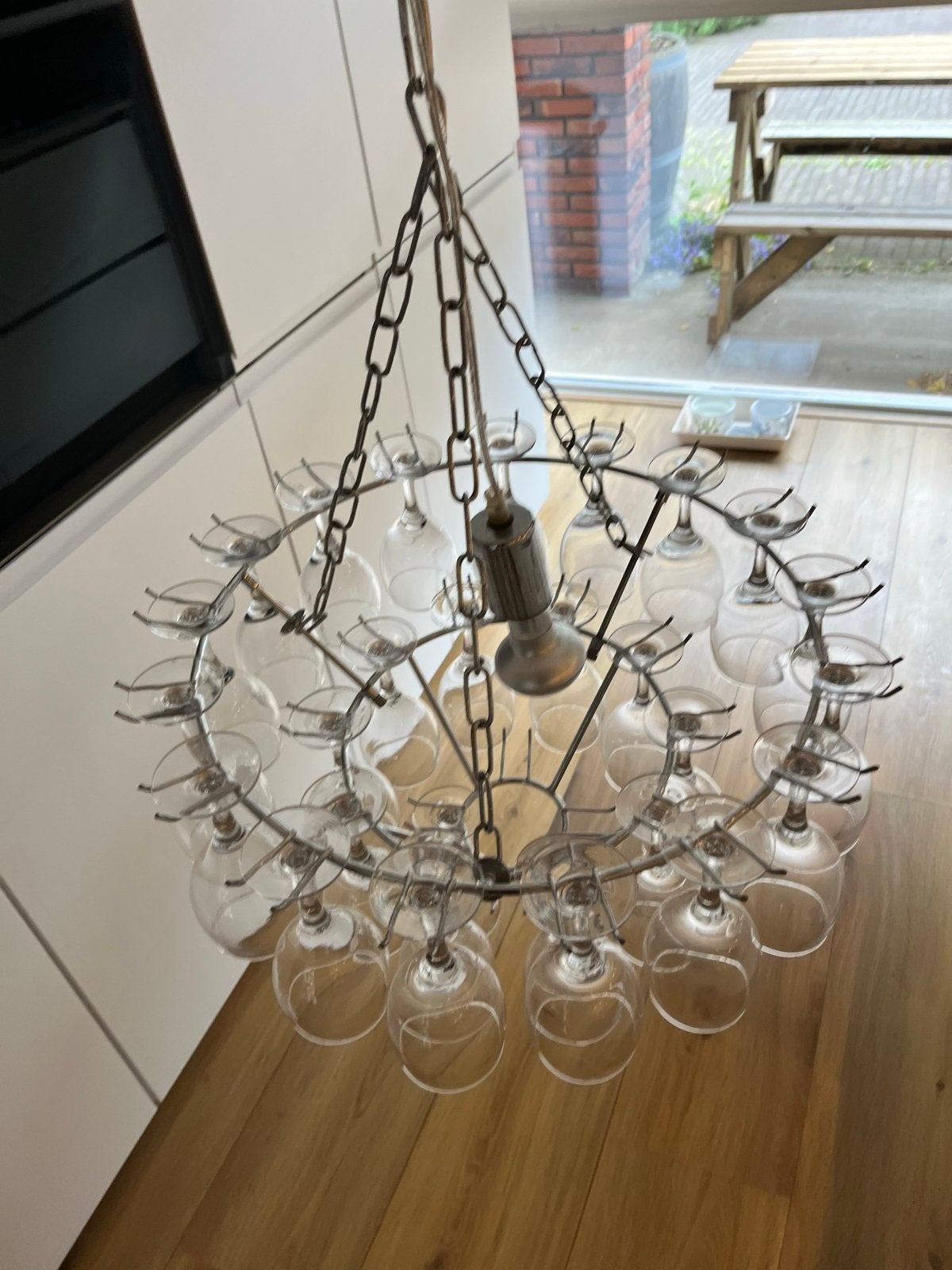 Hanglamp met wijnglazen - 3 glazen en ophangmechanisme ontbr, Ophalen, Gebruikt, Glas, 50 tot 75 cm