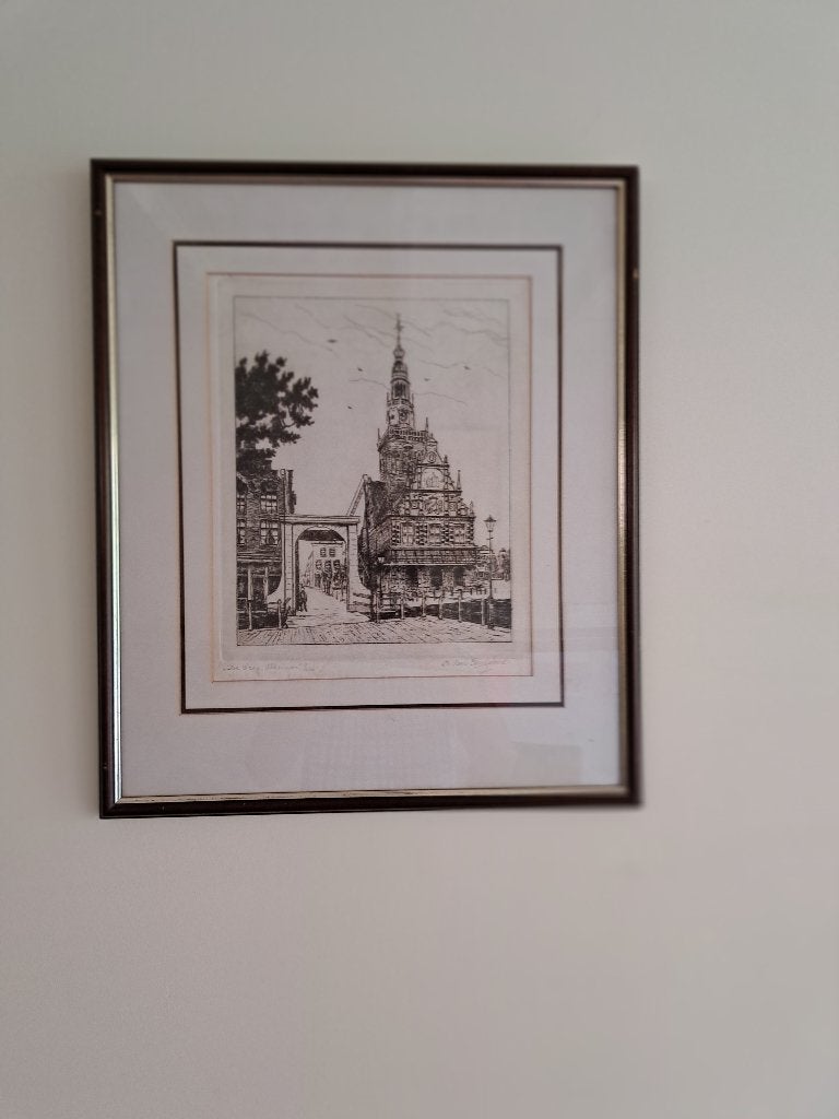 Ets van de waag in Alkmaar, Antiek en Kunst, Gesigneerd, Stadsgezicht, Ophalen of Verzenden, 50 cm