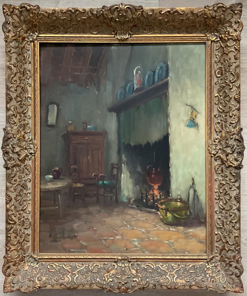 Arnout van Gilst (1898-1981) - Hollands interieur met haard, Antiek en Kunst, Ophalen of Verzenden