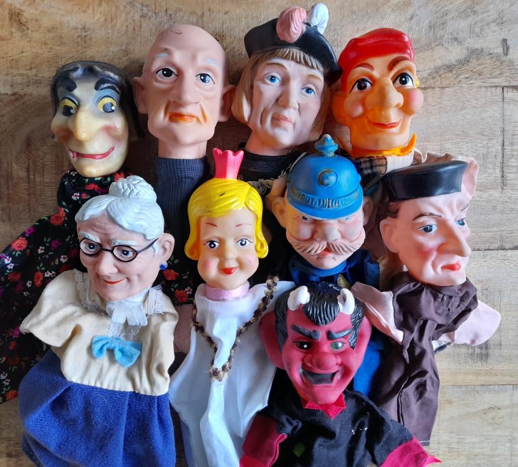 Set van negen vintage poppenkastpoppen, Ophalen of Verzenden, Overige typen
