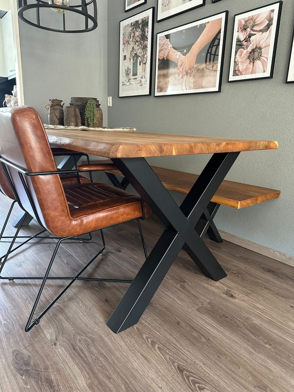 Eetkamertafel met eiken boomstamblad en X poot, Ophalen, Gebruikt, 50 tot 100 cm, 150 tot 200 cm