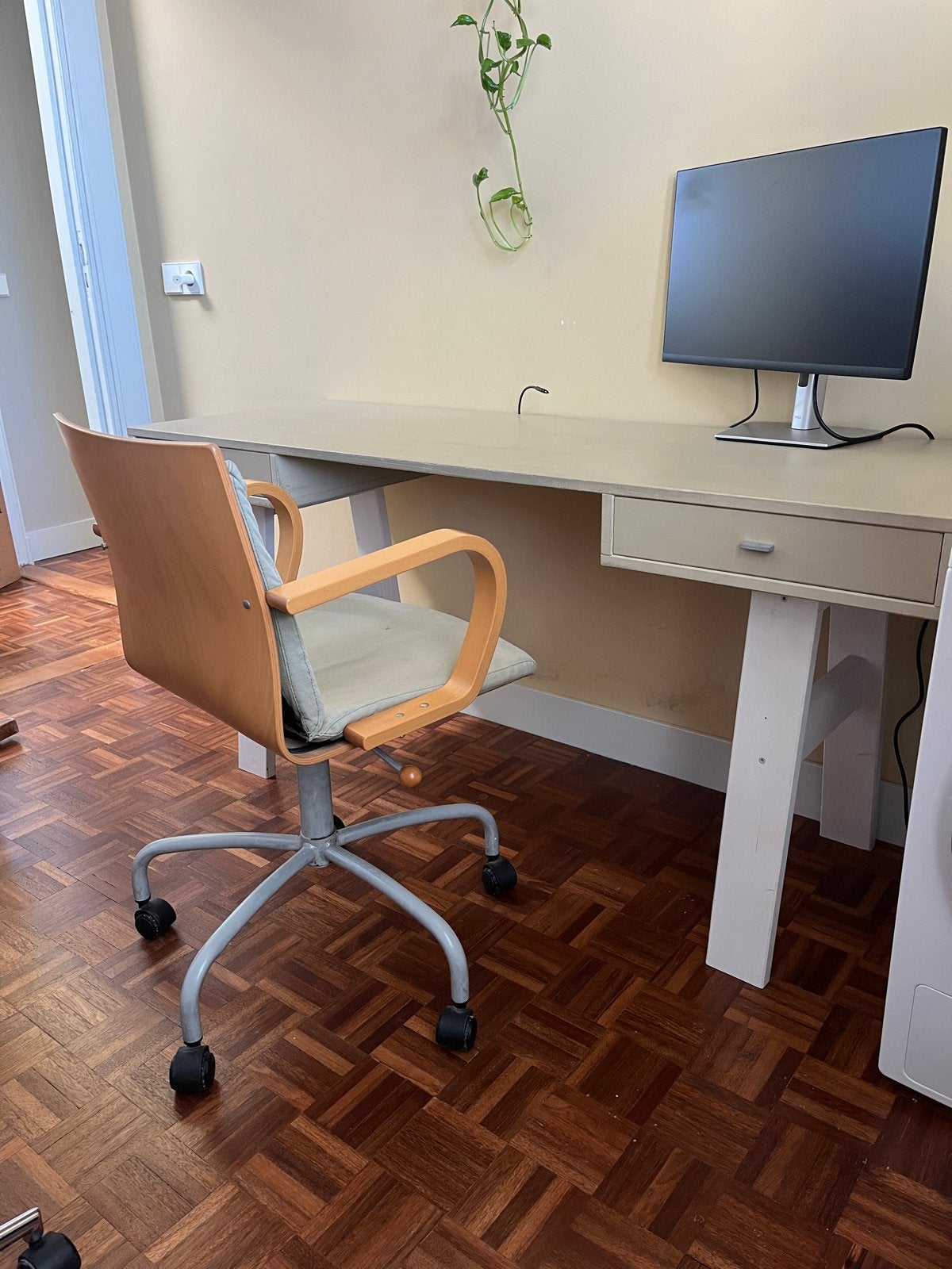 Ikea Retro Houten Bureaustoel met Stoffen Zitting, Ophalen, Gebruikt, Beige, Bureaustoel
