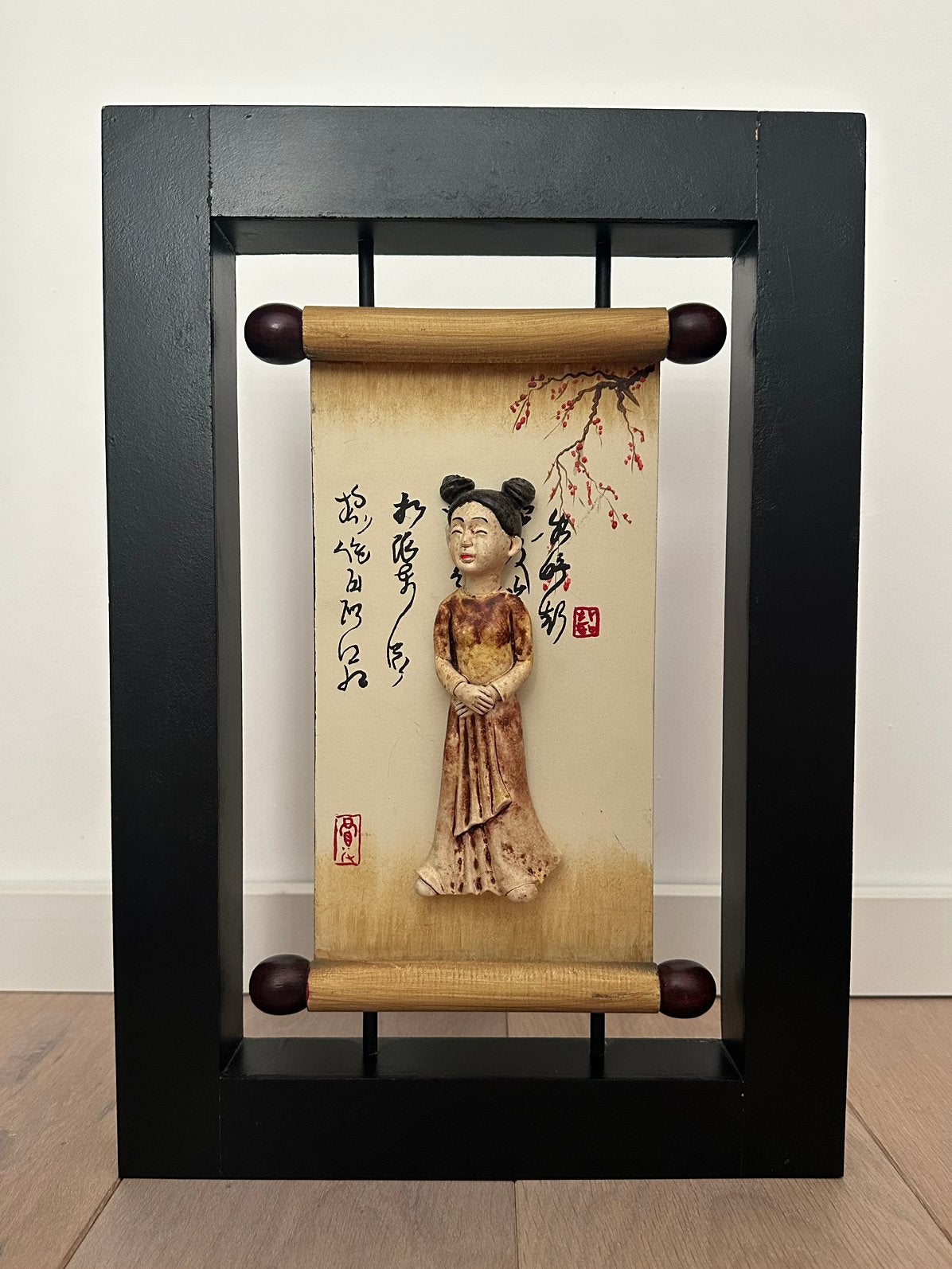3D houten tableau met Chinese kalligrafie en vrouw, Overige onderwerpen, Ophalen of Verzenden, Wanddecoratie, 20 - 50 cm