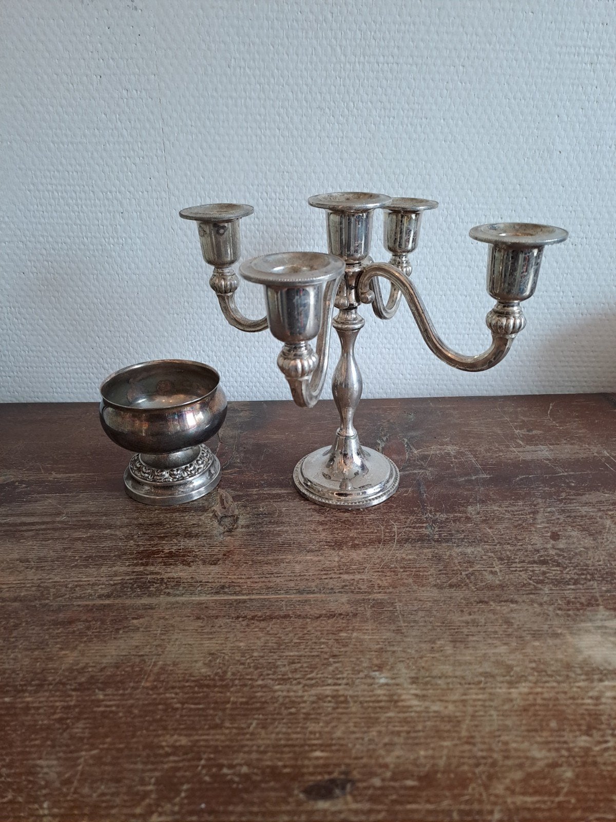 Leuke kandelaar en kelk silver plated, Ophalen of Verzenden, Koper of Brons