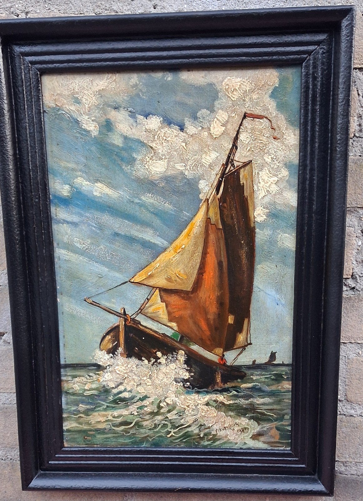Botter op woelig water. 1941. Sign. Olie/paneel.  32/45 cm., Ophalen
