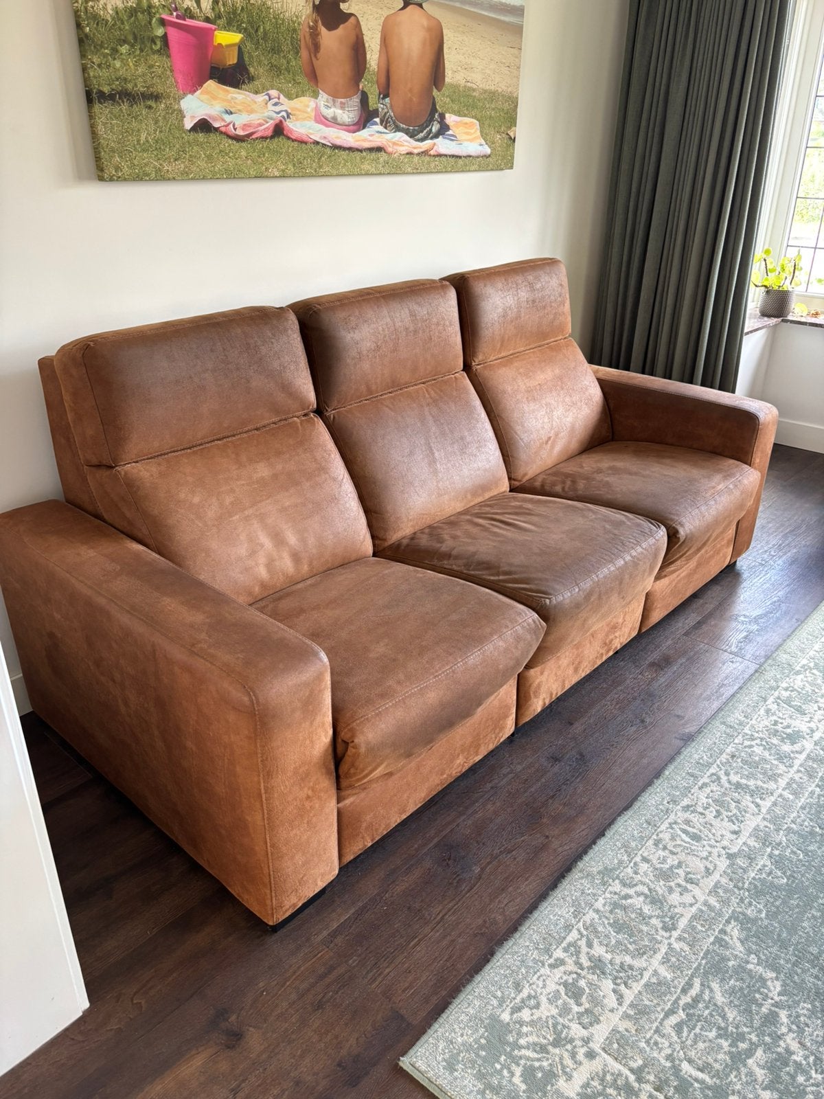 3 zits bank, elektrisch verstelbaar, cognac kleur, Ophalen, Gebruikt, Driepersoons, 75 tot 100 cm