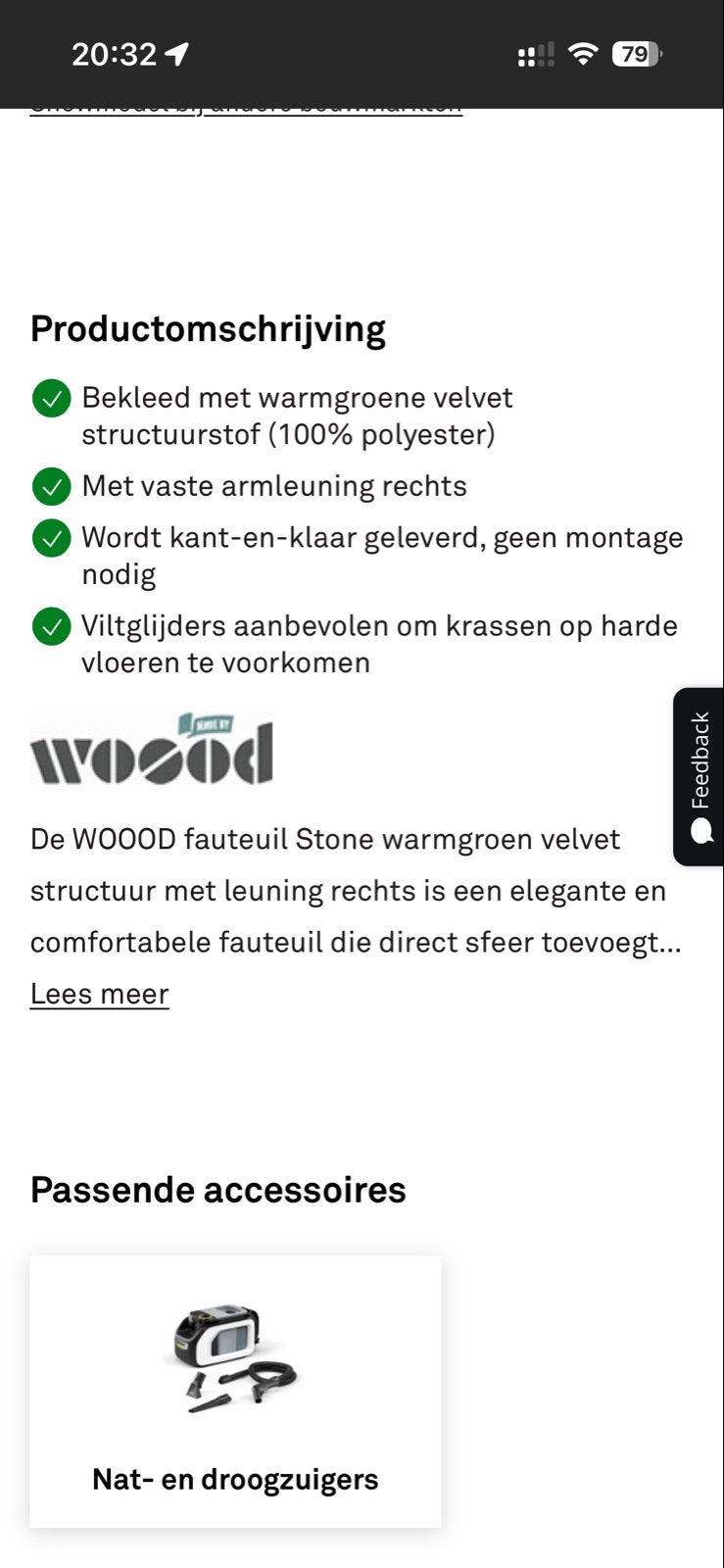 Woonexpress WOOOD fauteuil Stone warmgroen velvet, Ophalen, Zo goed als nieuw, Stof, 75 tot 100 cm