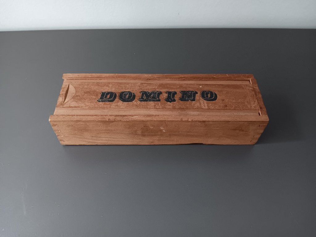 Vintage dominospel in houten schuifkistje, Kinderen en Baby's, Ophalen of Verzenden, Gebruikt, Overige typen