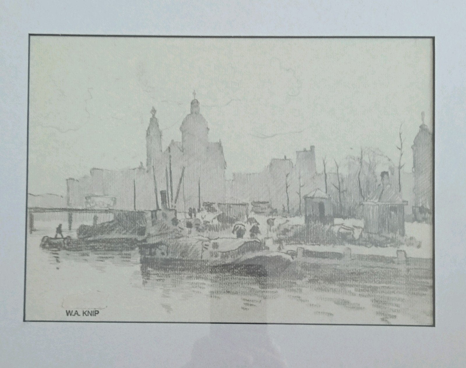 W.A Knip (1883-1967) Stadsgezicht Amsterdam - Binnenhaven, Ophalen of Verzenden, Stadsgezicht, Gesigneerd, 1900 - 1949