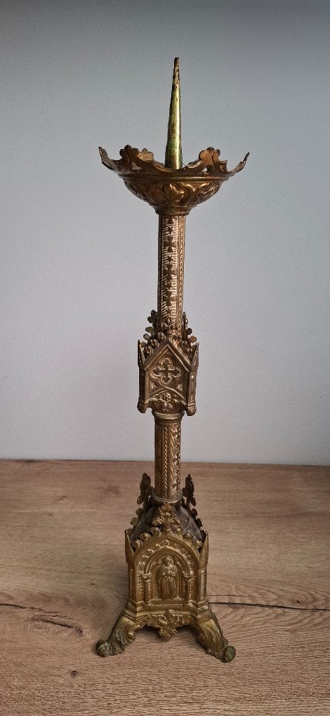 Antieke neogotische kerkkandelaar messing 55 cm - religieus, Ophalen of Verzenden, Koper of Brons