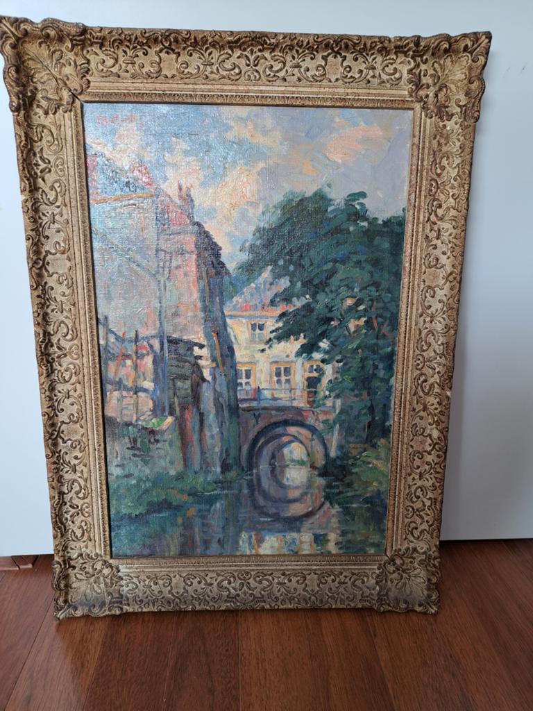 C de Korte Olieverfschilderij van een brug over een gracht, Antiek en Kunst, Kunst | Schilderijen | Klassiek, Ophalen