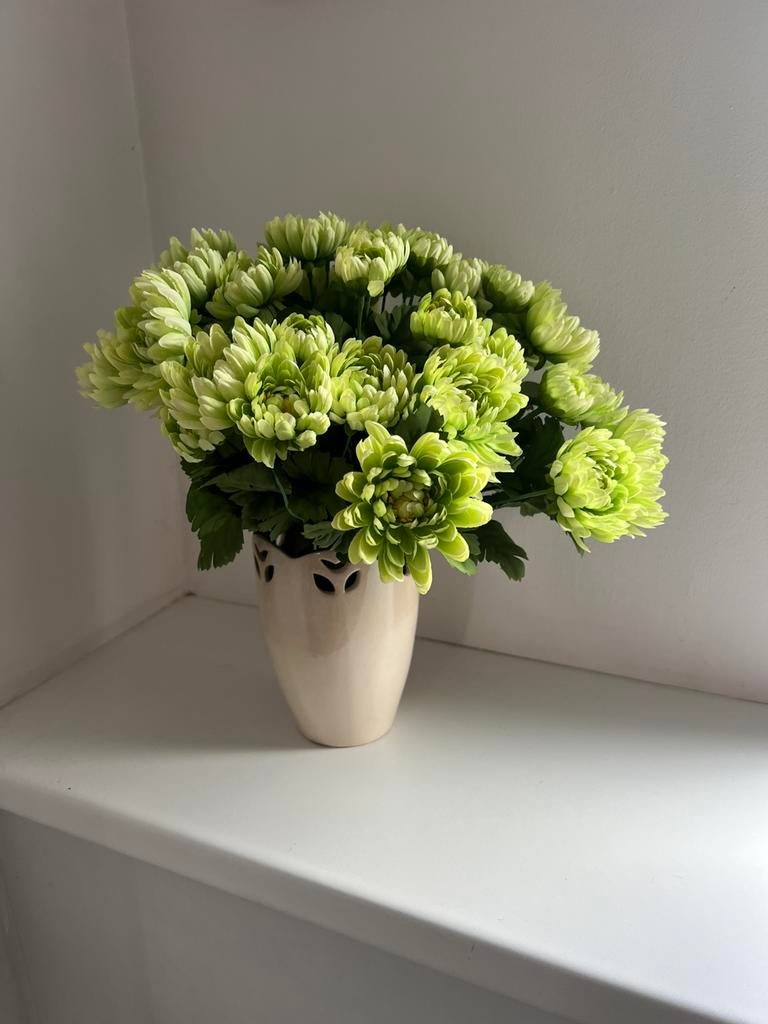 Boeket Kunstbloemen met stenen vaas, Binnen, Groen, Ophalen of Verzenden, Zo goed als nieuw