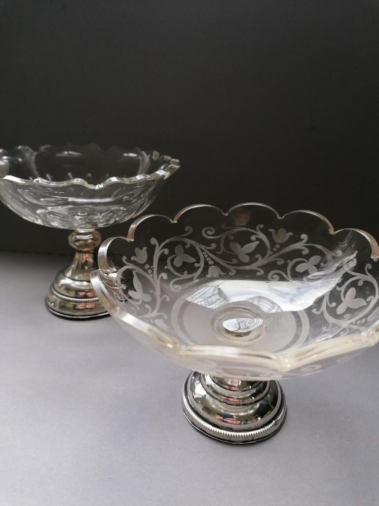 2 vintage kristallen bonbonschaaltjes met zilveren pootjes, Antiek en Kunst, Ophalen of Verzenden