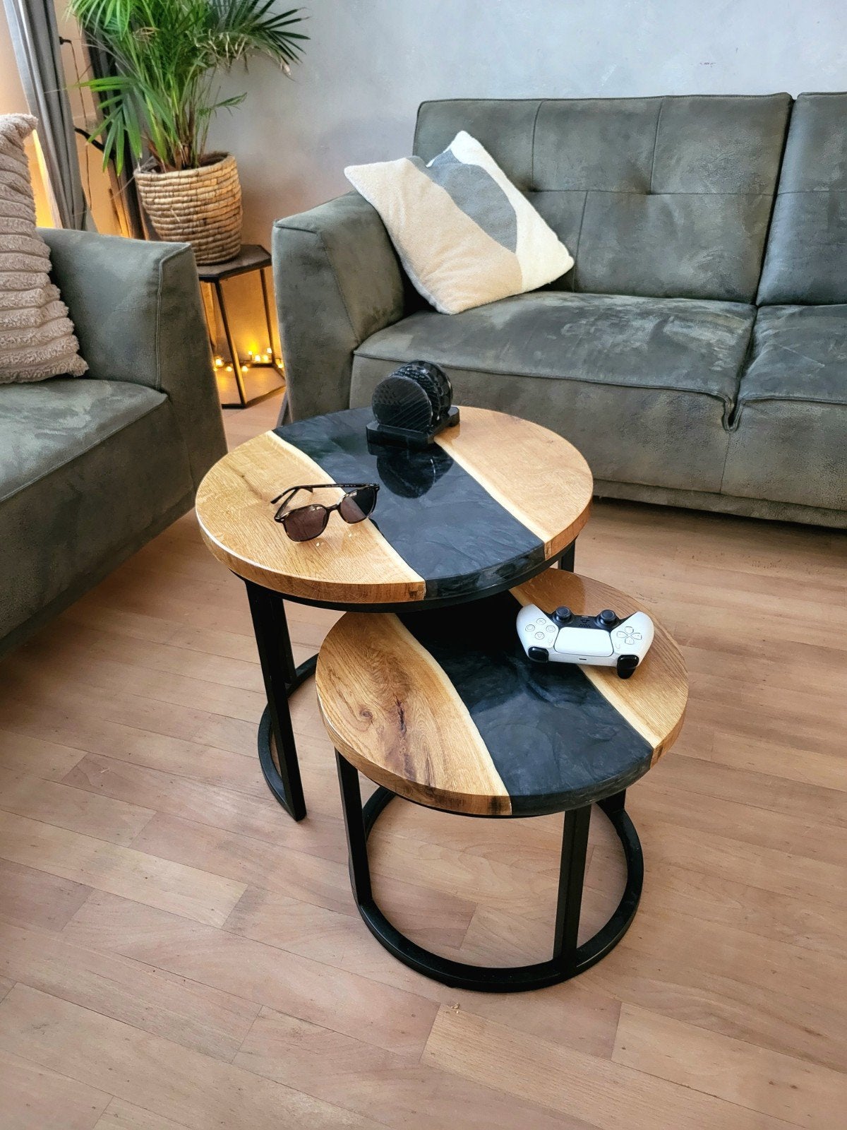 Epoxy Rivier Eiken Salontafels Set - Modern Design, Huis en Inrichting, Modern, Industrieel, Uniek, Eikenhout, 50 tot 100 cm, Rond
