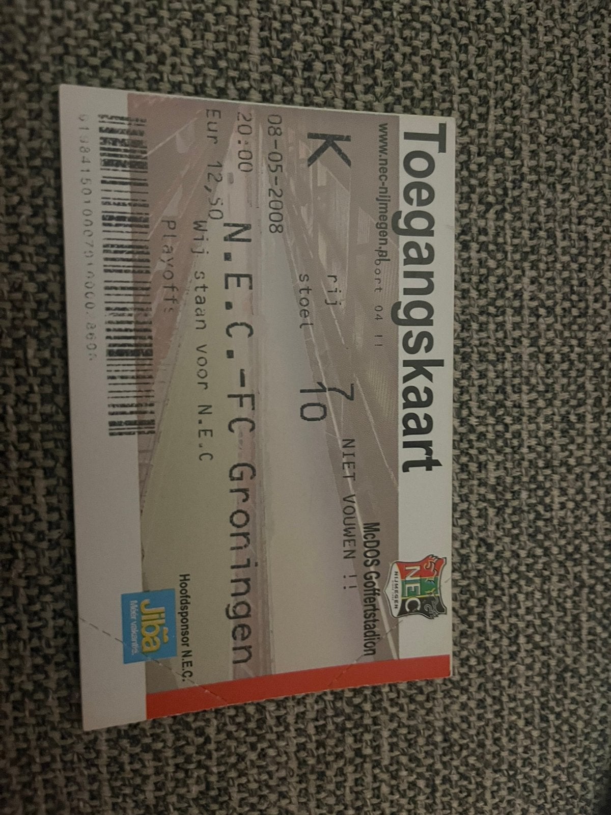 TICKET NEC-GRONINGEN 7-8 PO, Ophalen of Verzenden, Zo goed als nieuw, Overige binnenlandse clubs, Overige typen