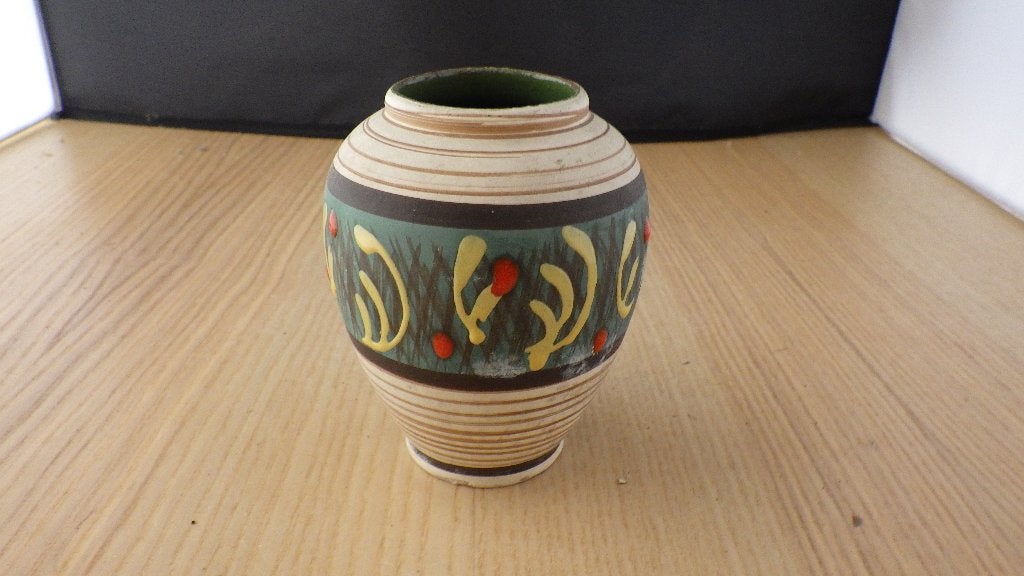 mooie vintage vaas rood/geel/groene tinten, Ophalen of Verzenden, Gebruikt, Meerkleurig, Steen/keramiek