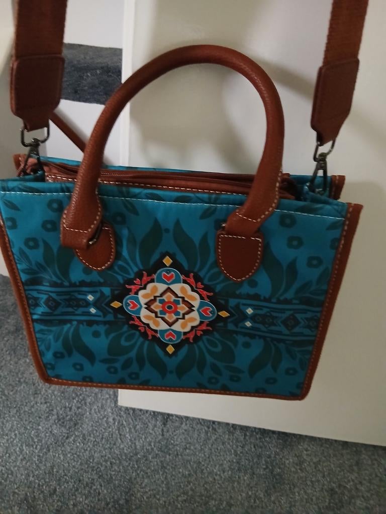 Turquoise handtas met etnisch patroon en portemonnee, Sieraden, Tassen en Uiterlijk, Tassen | Damestassen, Nieuw, Handtas, Blauw