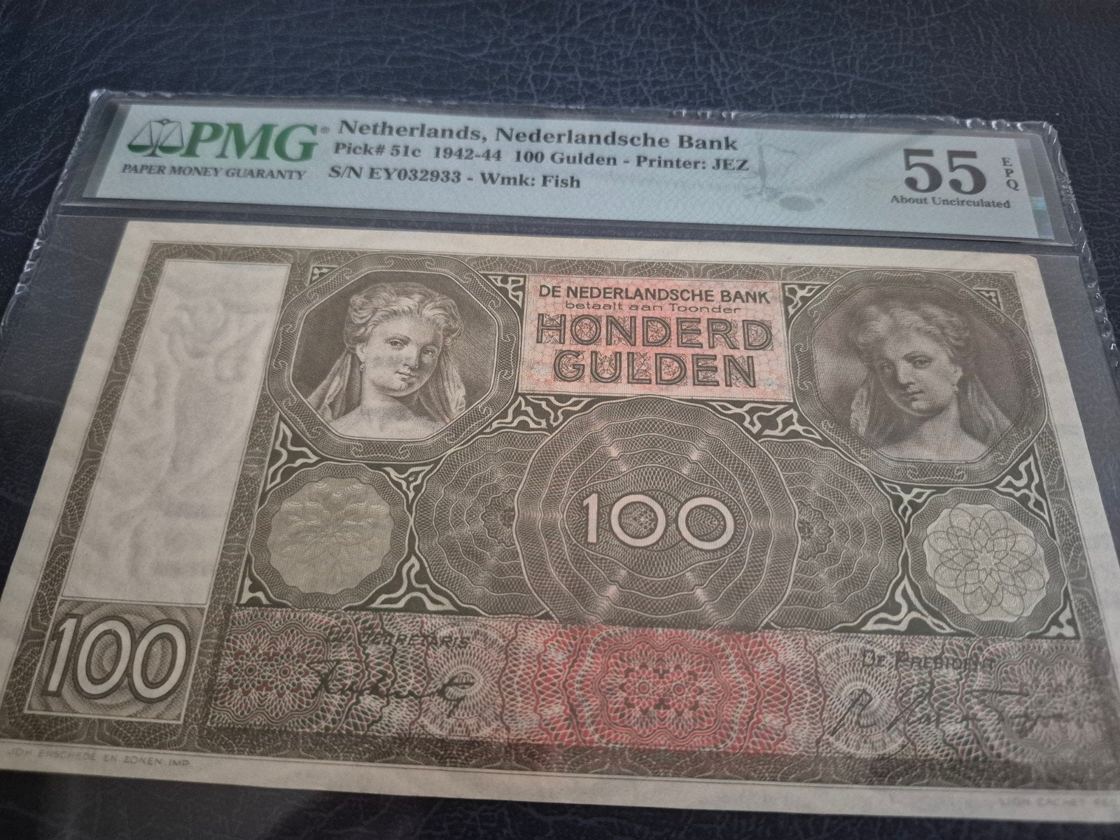 Nederlandse Bank 100 Gulden 1942-44 luitspelende vrouw PMG55, Postzegels en Munten, Ophalen of Verzenden, 100 gulden, Los biljet