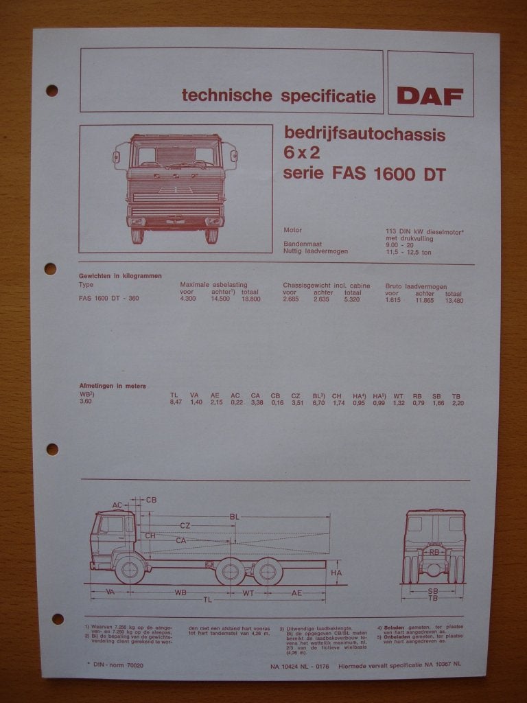 DAF FAS 1600 DT Technische Specificatie folder 1976 - 6x2, Ophalen of Verzenden, Zo goed als nieuw, Overige merken, DAF