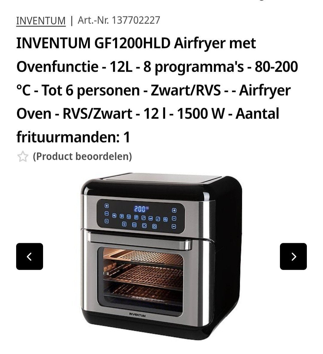 Inventum GF1200HLD Airfryer Oven 12L - Nieuw in doos, Witgoed en Apparatuur, Airfryers, Ophalen