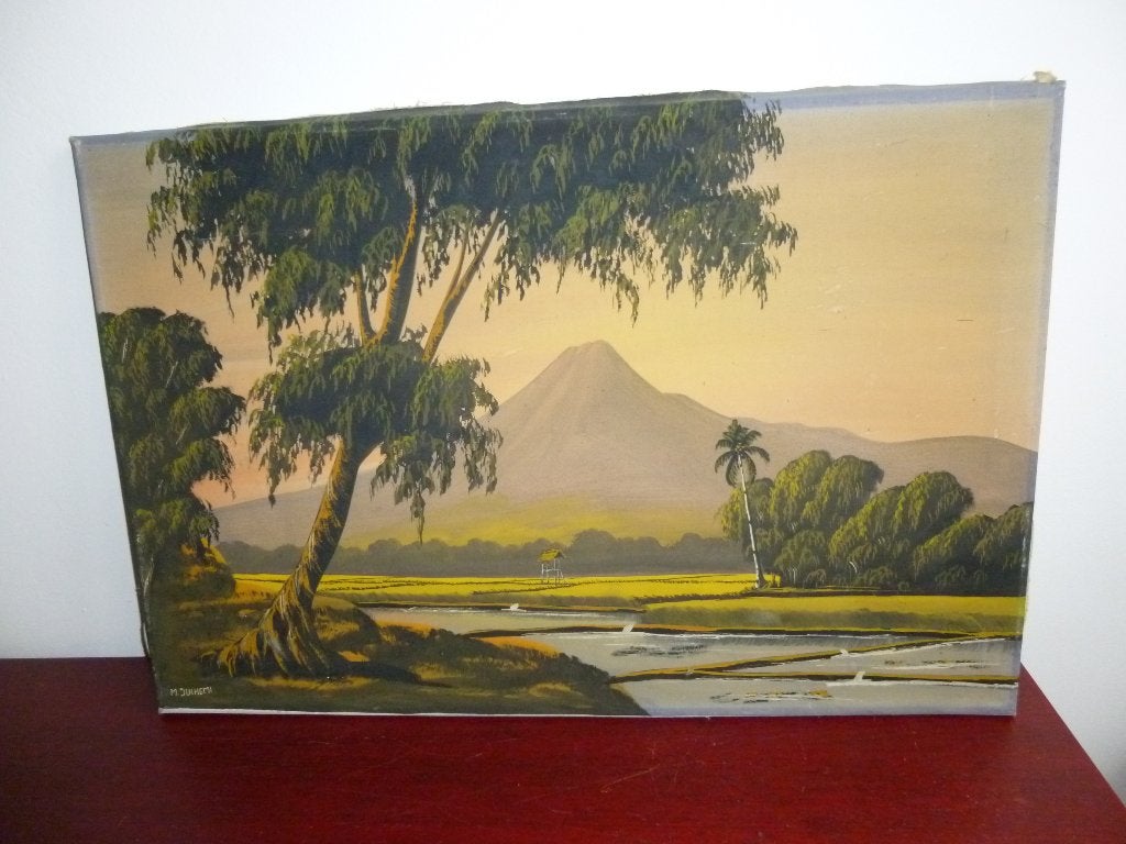 Indonesie, schilderij op linnen, gesigneerd, vintage werk, Verzenden, Schilderij, Overige technieken, Gesigneerd