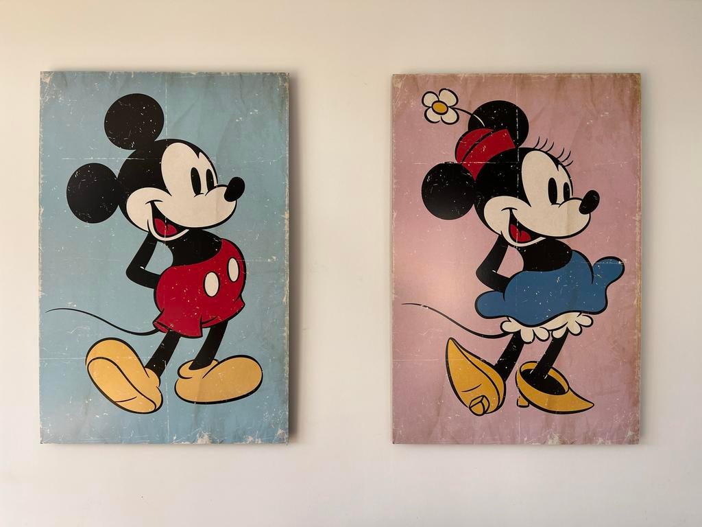 2 Vintage Schilderijen Mickey en Minnie Mouse, Minder dan 50 cm, Gebruikt, 50 tot 75 cm, Ophalen of Verzenden