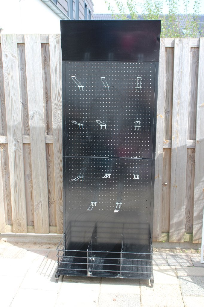 Zwarte verrijdbare winkelstelling- Pegboard - met rvs haken, Ophalen of Verzenden, Gebruikt