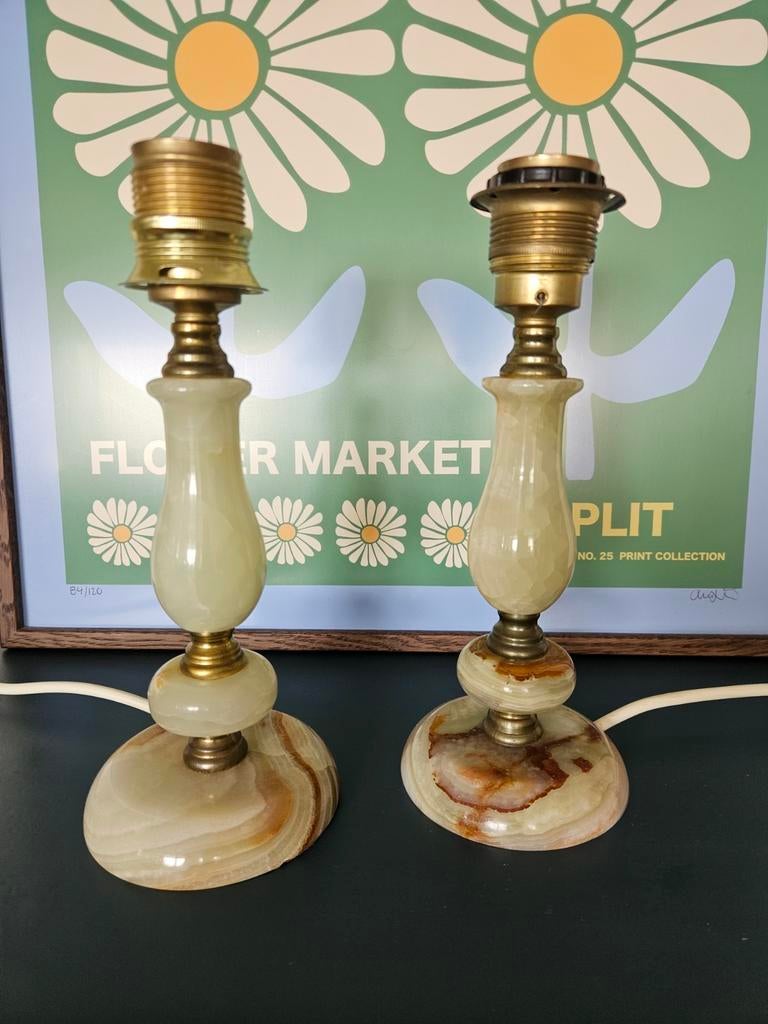 Set vintage onyx tafellampen / lampvoeten – marmer messing, Huis en Inrichting, Ophalen of Verzenden, Zo goed als nieuw, Overige materialen