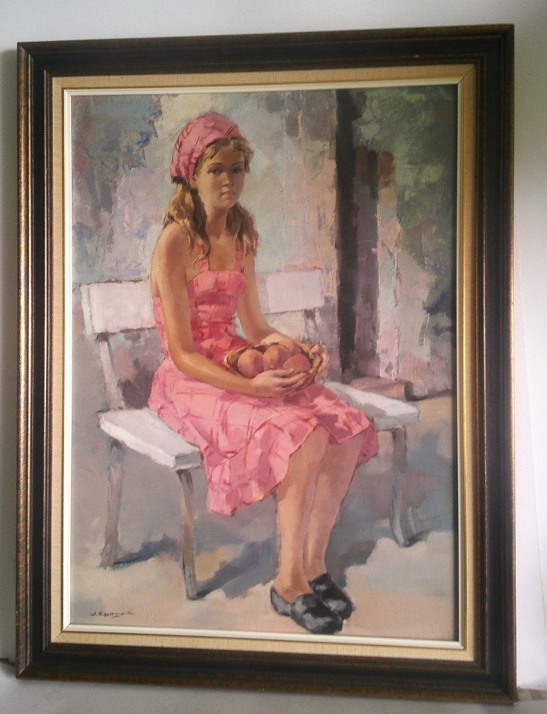Jonge boerin op bankje - Jacques Eggermont 1918 - 1998, Antiek en Kunst, Ophalen, Doek, Portret of Personen, Realistisch